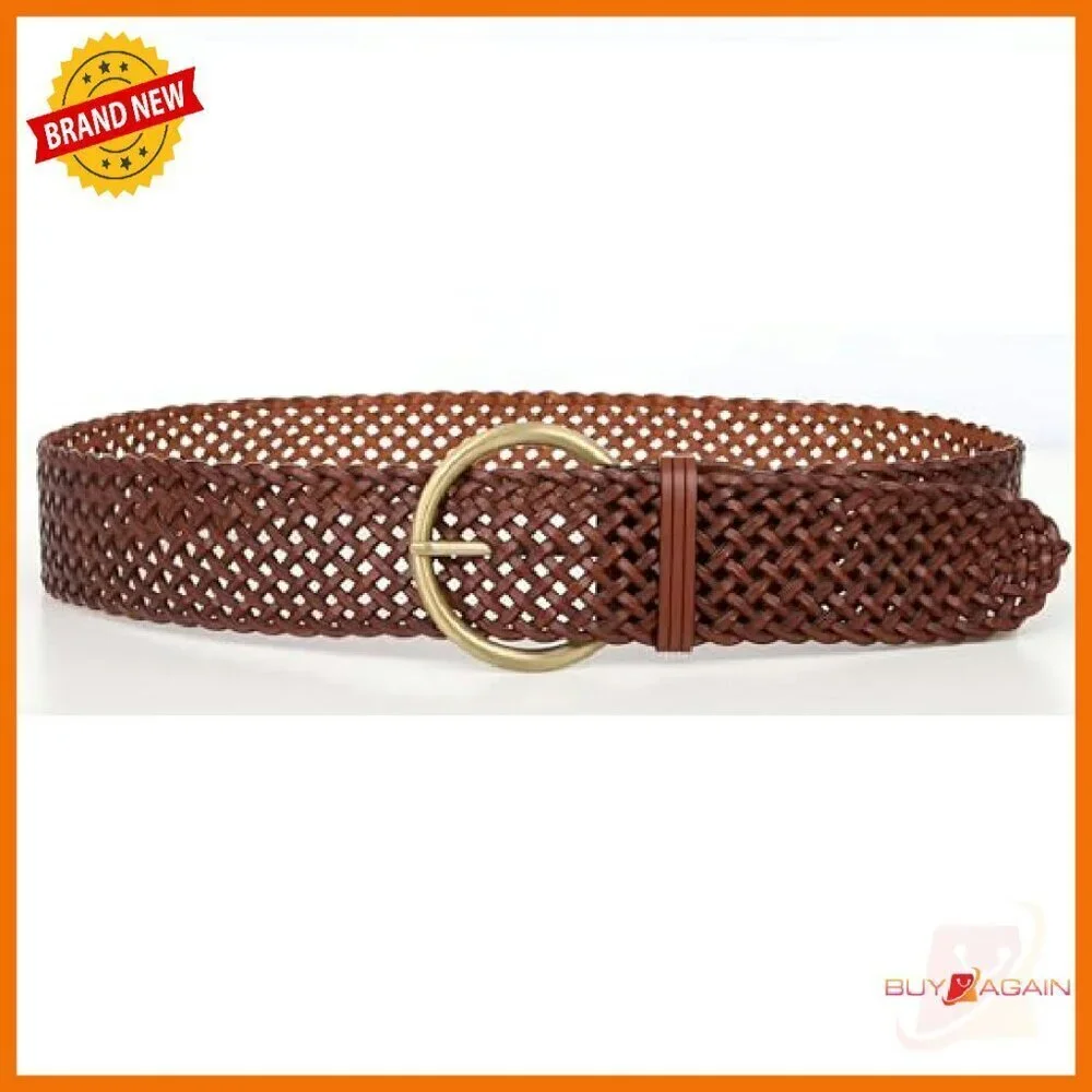 2 Inch Wide Braided Leather Belt with Gold Buckle for Women
